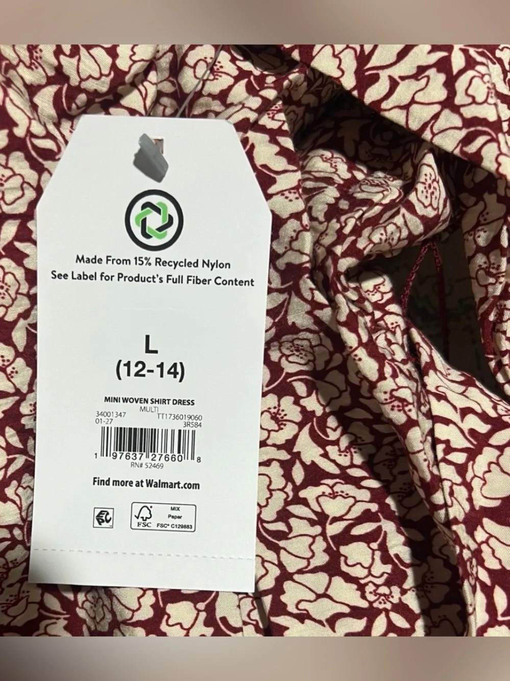 Time & Tru Lightweight Long Sleeve Relaxed Fit Mini Summer Dress Size Large NWT